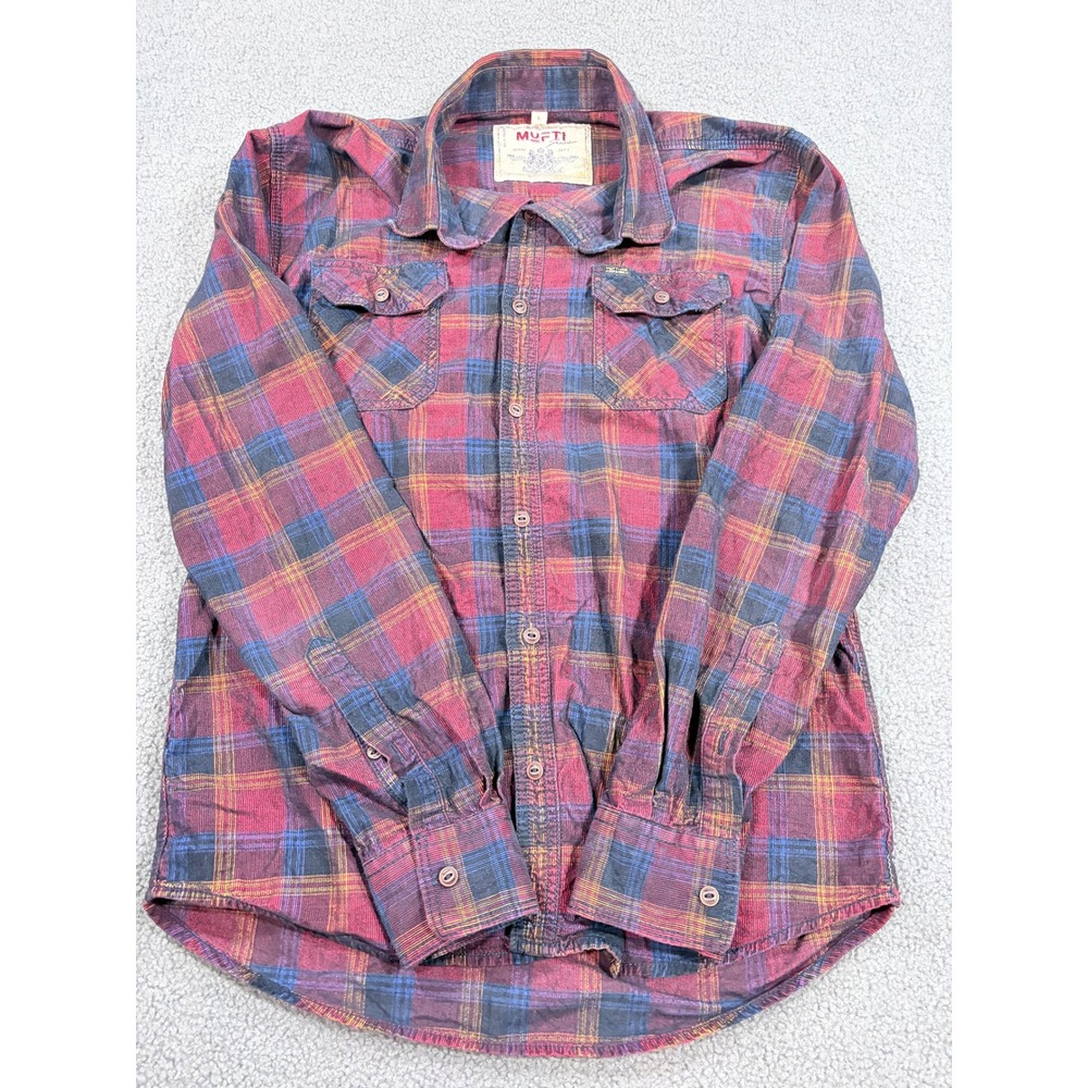 Mufti Button Down Shirt Mens L Red Plaid Corduroy Long Sleeve Vintage Style
